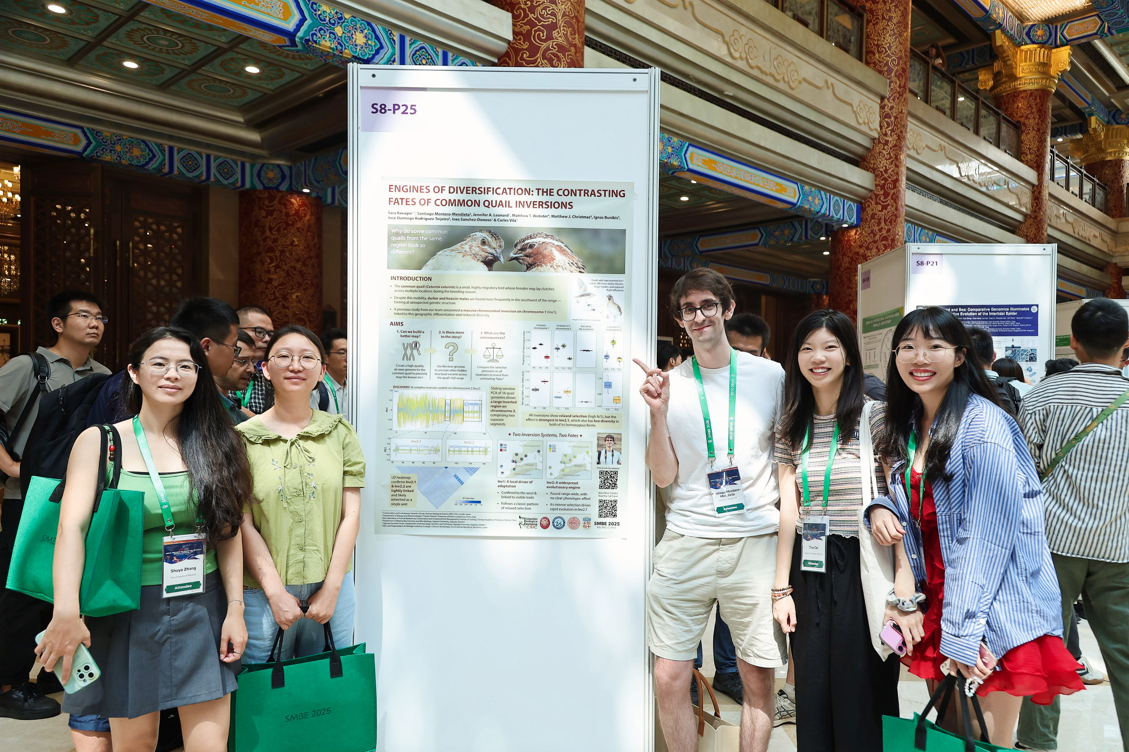 Discussing the quail poster with a group of attendees.